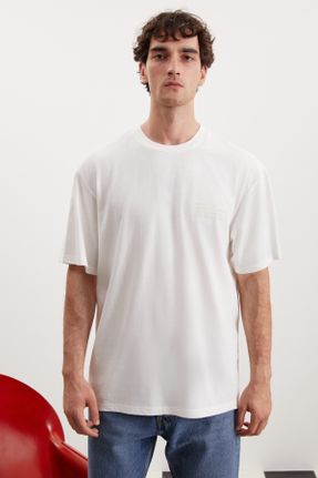 تی شرت سفید مردانه یقه گرد ریلکس تکی بیسیک کد 756739614