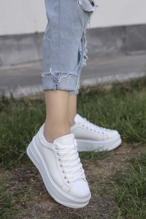 کفش اسنیکر سفید زنانه بند دار چرم مصنوعی کد 782509165