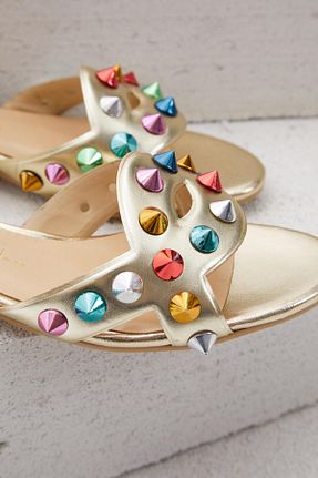دمپائی طلائی زنانه چرم خالص DUYGUSHOESBAG - کد 782853104