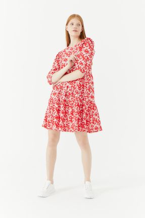 لباس قرمز زنانه بافتنی طرح گلدار رگولار آستین-کوتاه کد 741942028