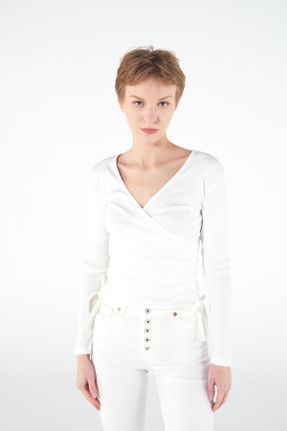 بلوز سفید زنانه رگولار یقه هفت آستین استاندارد کد 747786975