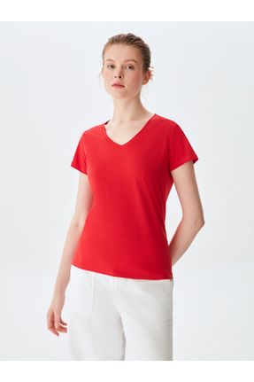 تی شرت قرمز زنانه رگولار یقه گرد تکی کد 743352812