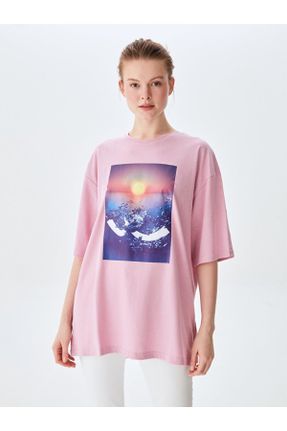 تی شرت صورتی زنانه رگولار یقه گرد تکی کد 744724918