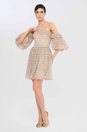 لباس بژ زنانه بافتنی مخلوط پلی استر طرح گلدار آستین-کوتاه کد 783797186