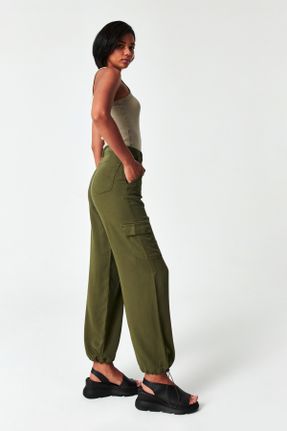 شلوار جین خاکی زنانه پاچه کش دار فاق بلند جین کارگو بلند کد 754994747