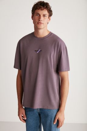 تی شرت بنفش مردانه اورسایز یقه گرد تکی جوان کد 691205448