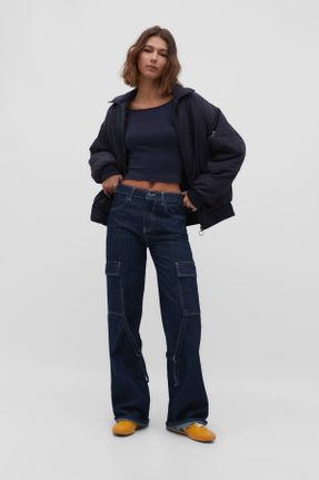 شلوار جین آبی زنانه فاق بلند پنبه (نخی) کارگو کد 784599601