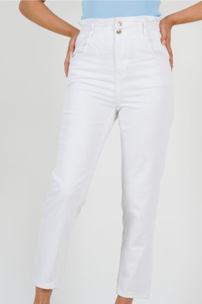 شلوار سفید زنانه جین پاچه گشاد فاق بلند کد 99525695