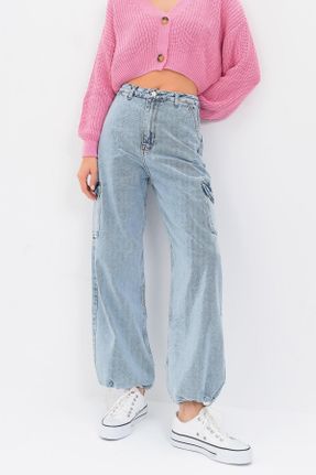 شلوار جین آبی زنانه پاچه کش دار فاق بلند جین کارگو بلند کد 660472043