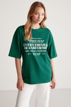 تی شرت سبز زنانه اورسایز یقه گرد تکی جوان کد 713665910