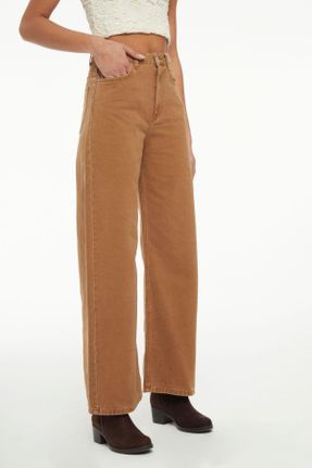 شلوار جین قهوه ای زنانه پاچه راحت فاق بلند پنبه (نخی) کد 371955033