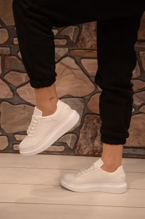 کفش اسنیکر سفید زنانه بند دار چرم مصنوعی کد 785875680