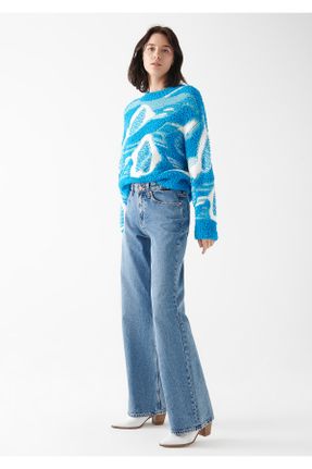 شلوار جین آبی زنانه پاچه گشاد فاق بلند پنبه (نخی) کالج کد 307800268