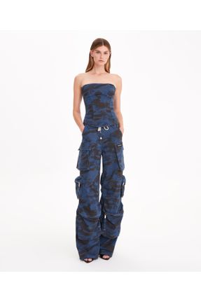 شلوار جین آبی زنانه پاچه گشاد فاق بلند کارگو بلند کد 771674478