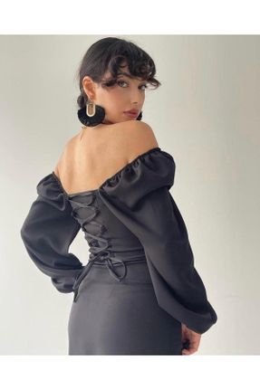 لباس مشکی زنانه بافتنی کرپ اسلیم فیت آستین-بلند پارتی کد 684490930