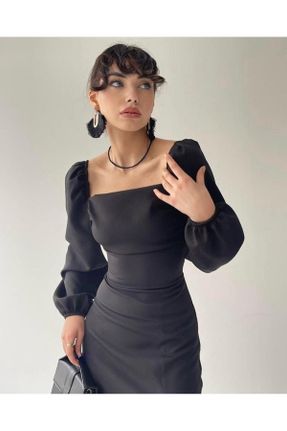 لباس مشکی زنانه بافتنی کرپ اسلیم فیت آستین-بلند پارتی کد 684490930