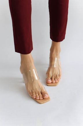 دمپائی بژ زنانه چرم مصنوعی پاشنه ضخیم پاشنه متوسط ( 5 - 9 cm ) کد 102317025