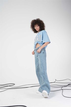 شلوار جین آبی زنانه پاچه لوله ای سوپر فاق بلند پارچه ای ساده کد 786603321