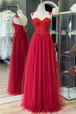 لباس مجلسی قرمز زنانه تور آویزی اسلیم استراپلز آستر دار کد 786711886