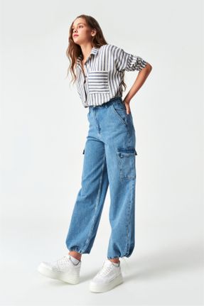 شلوار جین آبی زنانه پاچه کش دار فاق بلند جین کارگو بلند کد 670342400