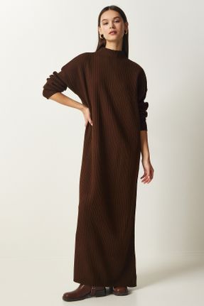 لباس قهوه ای زنانه بافتنی اورسایز آستین-بلند کد 788142477