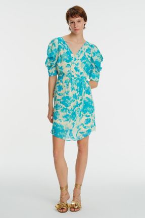 لباس آبی زنانه بافتنی طرح گلدار رگولار آستین-کوتاه کد 691882838