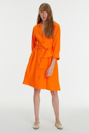 لباس نارنجی زنانه بافتنی کتان رگولار آستین سه ربع کد 683358442
