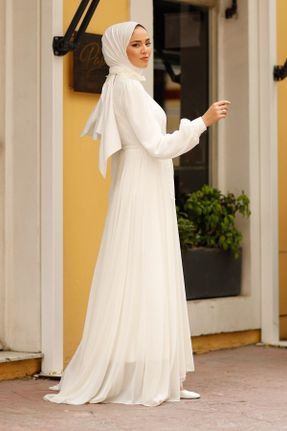 لباس مجلسی اسلامی سفید زنانه یقه ایستاده شیفون A-line کد 43953349