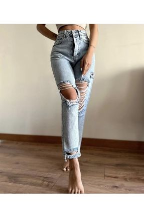 شلوار جین آبی زنانه پاچه ساده فاق بلند جین استاندارد کد 789676101