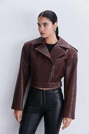 کت قهوه ای زنانه کراپ İLKNUR DİK LEATHER - کد 790209829