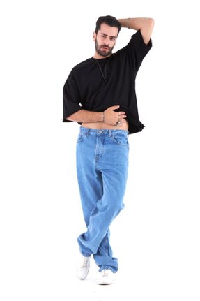 شلوار جین سرمه ای مردانه پاچه راحت پنبه (نخی) ساده جوان استاندارد کد 765584304