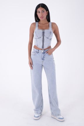 شلوار جین آبی زنانه پاچه گشاد فاق بلند جین بلند کد 790490663