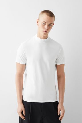 تی شرت سفید مردانه رگولار یقه دگاژه پنبه (نخی) کد 790562104