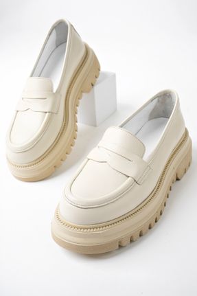 کفش لوفر بژ زنانه چرم طبیعی پاشنه متوسط ( 5 - 9 cm ) کد 790630334