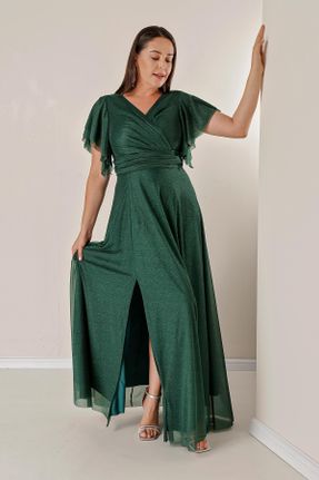 لباس مجلسی سایز بزرگ سبز زنانه یقه دوبل رگولار آستین فلایویل کد 760594517