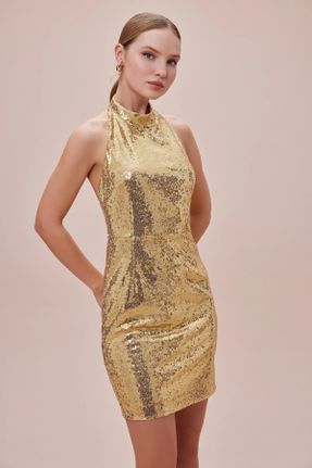 لباس مجلسی طلائی زنانه یقه هالتر کد 790853505