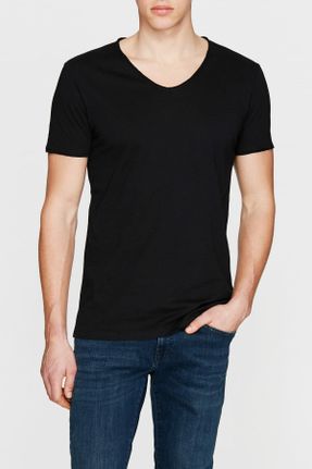 تی شرت مشکی مردانه یقه هفت پنبه (نخی) Fitted تکی بیسیک کد 791499555