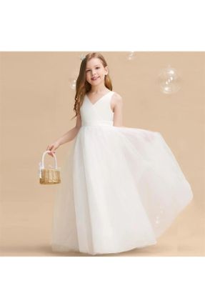 لباس مجلسی سفید بچه گانه ساتن یقه دوبل آستر دار کد 792204636