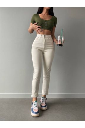 شلوار بژ زنانه سوپر فاق بلند جین پنبه (نخی) پاچه ساده مام فیت کد 792210297