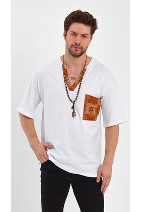 تی شرت سفید مردانه اورسایز یقه هفت طراحی کد 737613913