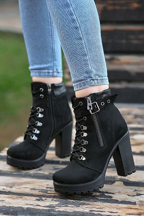 بوت / نیم بوت مشکی زنانه چرم مصنوعی LEYDİ SHOES - کد 792601858