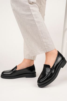 کفش لوفر مشکی زنانه چرم طبیعی پاشنه کوتاه ( 4 - 1 cm ) کد 781534566
