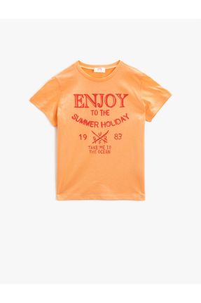 تی شرت نارنجی بچه گانه رگولار یقه گرد پنبه (نخی) تکی کد 117979949