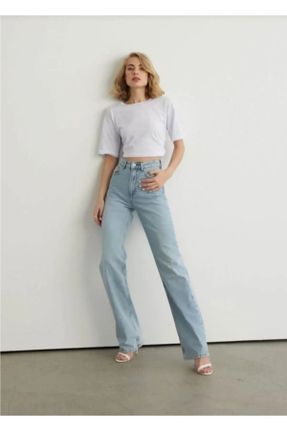 شلوار جین آبی زنانه پاچه گشاد سوپر فاق بلند جین ساده جوان بلند کد 793064526