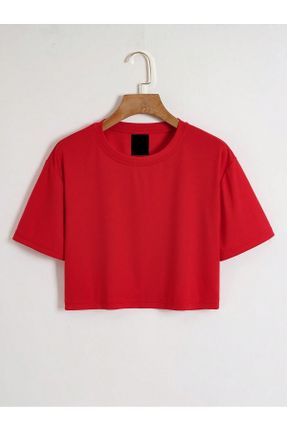 تی شرت قرمز زنانه کراپ یقه گرد پنبه - پلی استر تکی کد 793642939