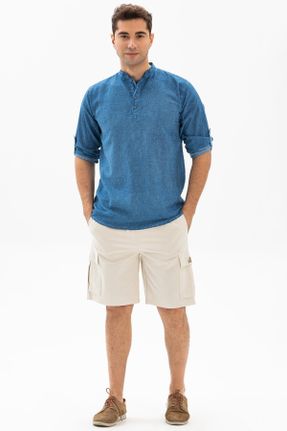 تی شرت آبی مردانه پنبه (نخی) یقه قاضی رگولار تکی بیسیک کد 92975336
