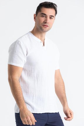 تی شرت سفید مردانه رگولار یقه هفت پنبه (نخی) بیسیک کد 681986301