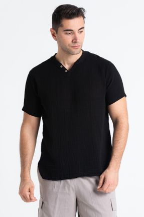تی شرت مشکی مردانه رگولار یقه هفت پنبه (نخی) بیسیک کد 681989440