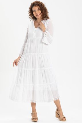 لباس سفید زنانه بافتنی پنبه - پلی استر رگولار آستین-بلند بیسیک کد 93056142