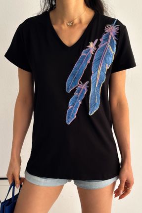 تی شرت مشکی زنانه رگولار یقه هفت تکی طراحی کد 794061065